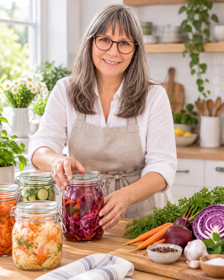 Marion Schanné mit Fermentiergläsern in ihrer Küche